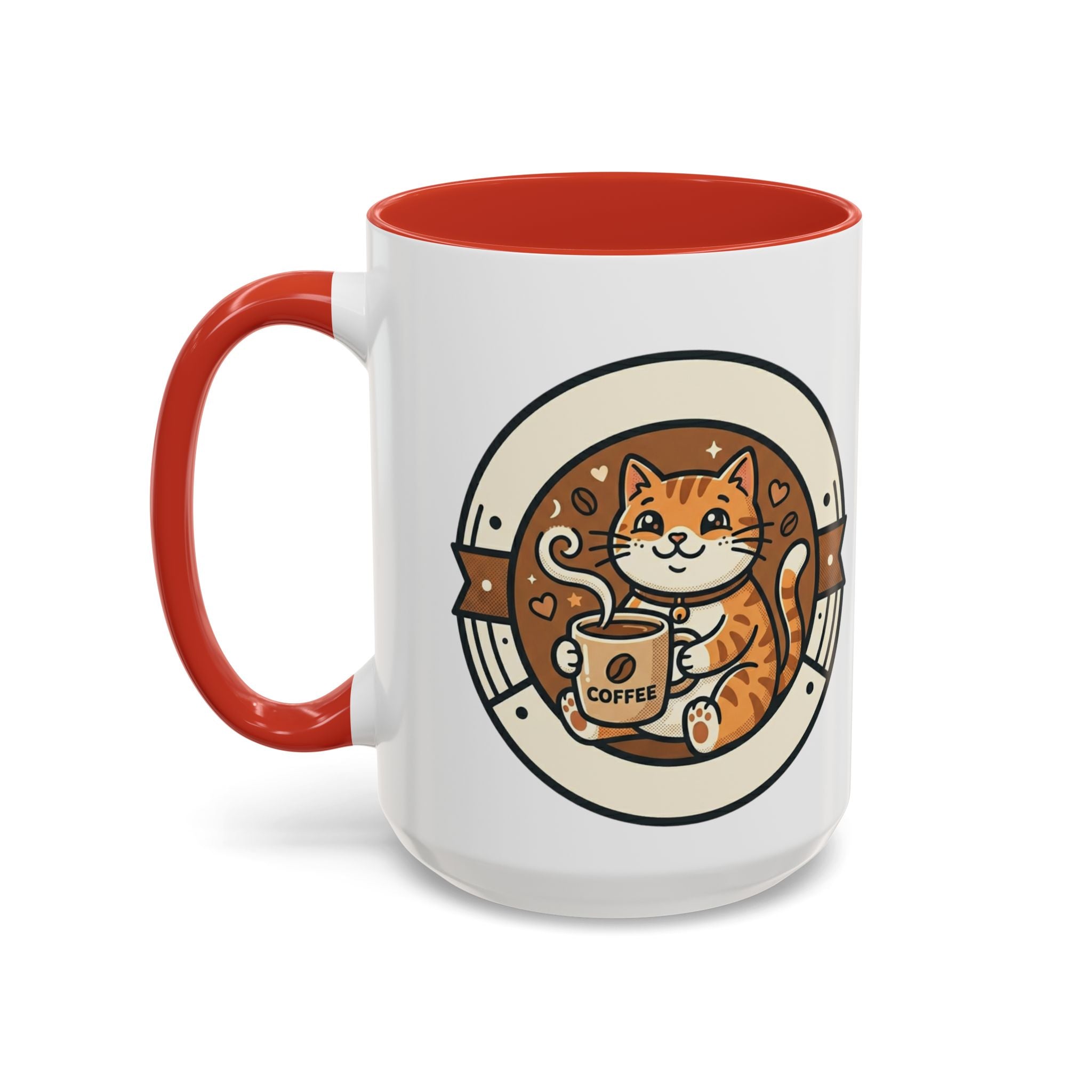 Cat Coffee Mug — Cute Orange Kitty Holding ‘Coffee’ Accent Ceramic Mug (11/15 oz)