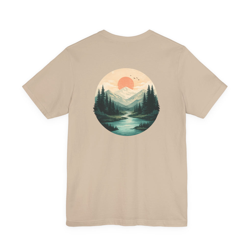 Nature Sunset Mountain Back Design T-Shirt — Scenic River & Pine Forest Graphic Tee