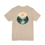 Nature Sunset Mountain Back Design T-Shirt — Scenic River & Pine Forest Graphic Tee