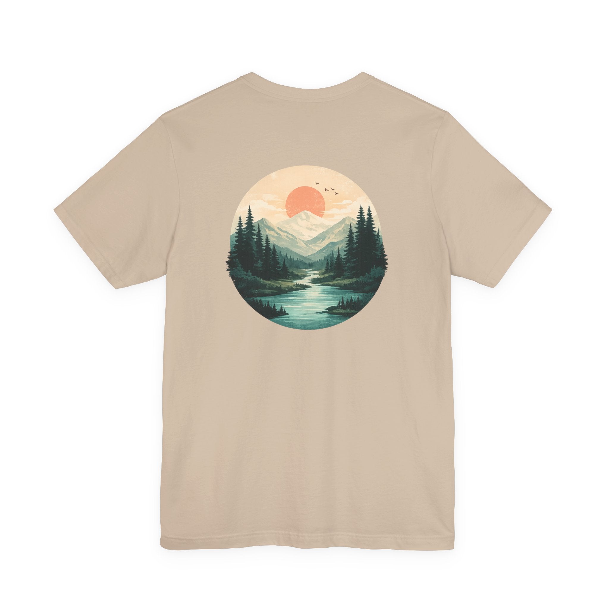 Nature Sunset Mountain Back Design T-Shirt — Scenic River & Pine Forest Graphic Tee