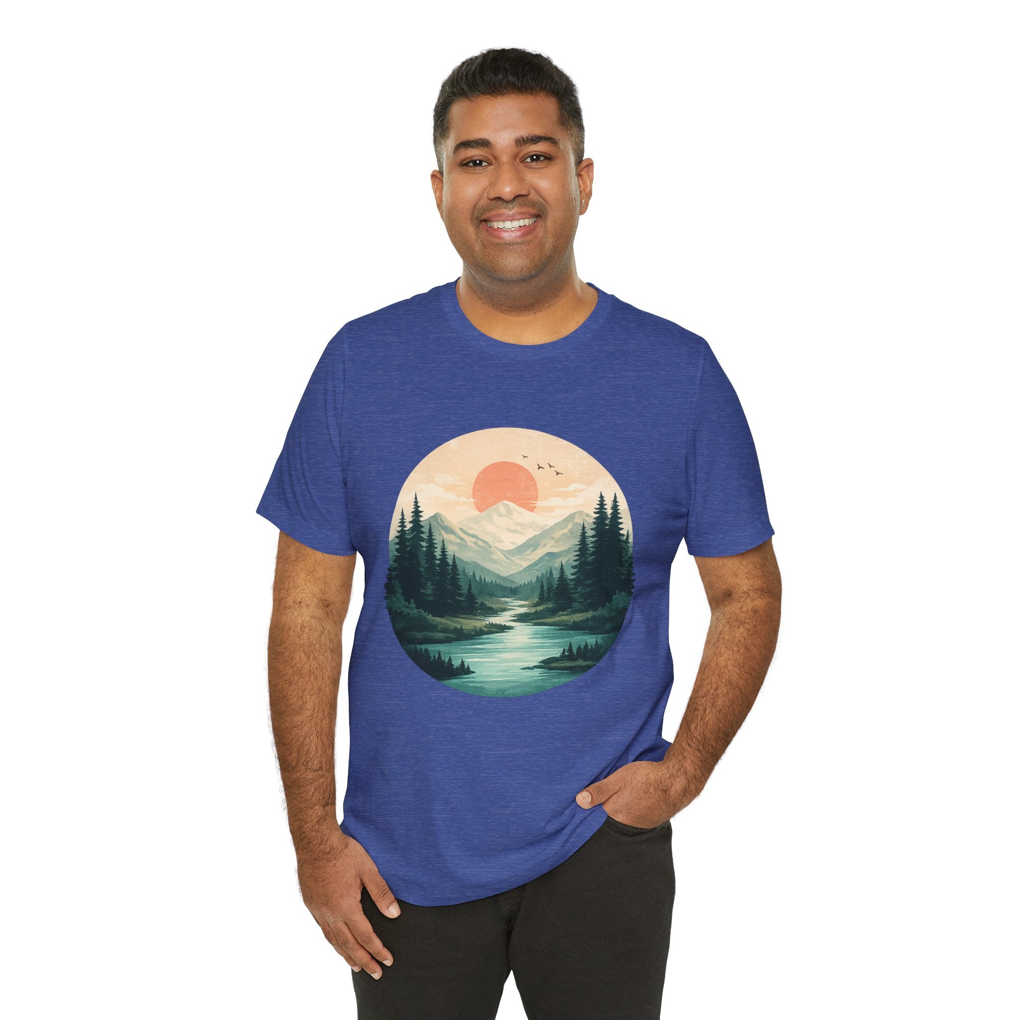 Sunset Mountain Landscape T-Shirt — Scenic Forest River Graphic Tee