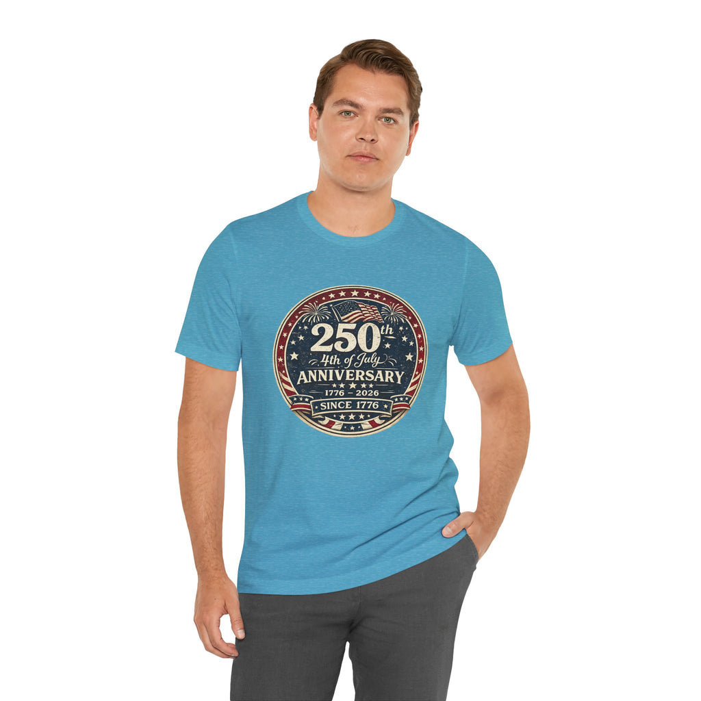 4th of July 250th Anniversary T-Shirt – Vintage American Flag Emblem (1776–2026)