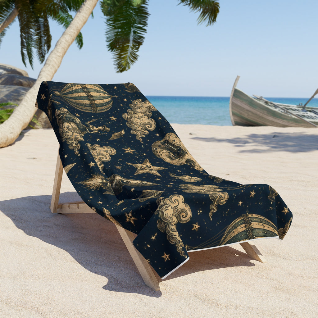 Charles Mèliés Vibe  Vintage Beach Towel — Moon, Stars & Hot Air Balloon Night Sky Design