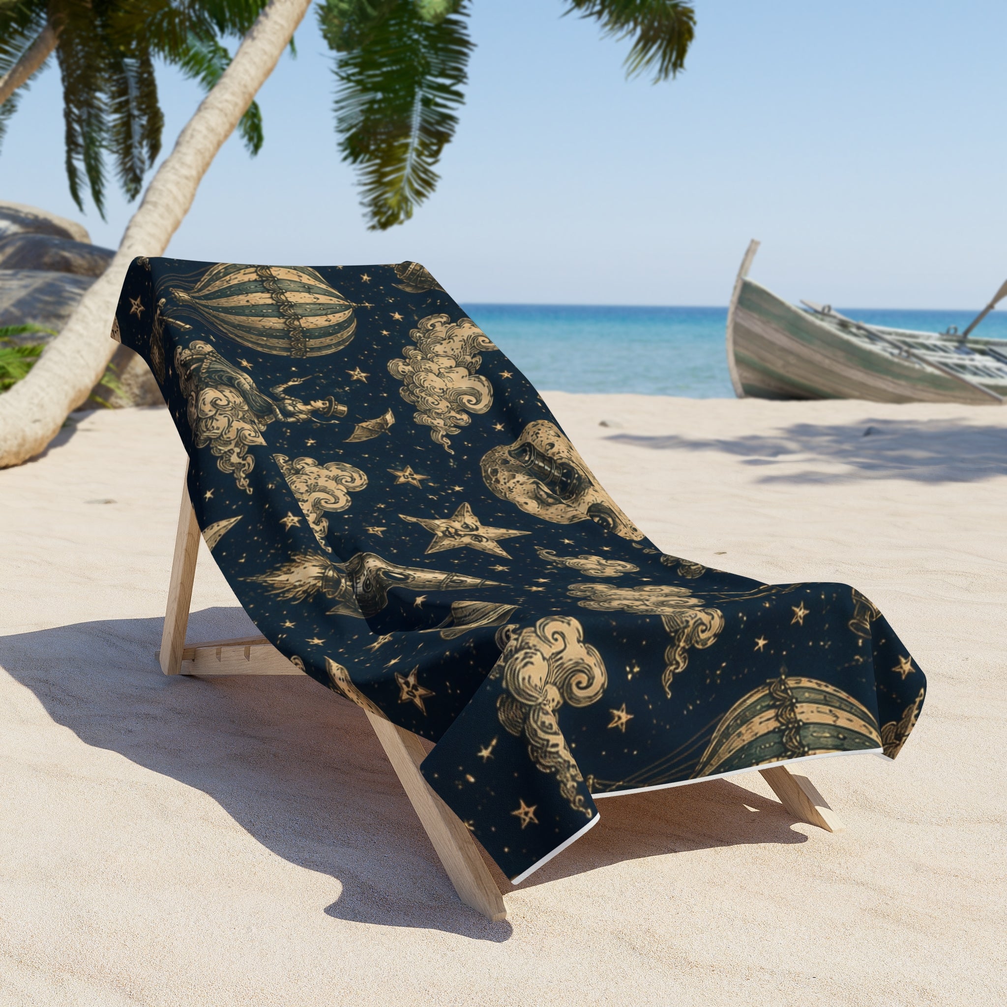 Charles Mèliés Vibe  Vintage Beach Towel — Moon, Stars & Hot Air Balloon Night Sky Design