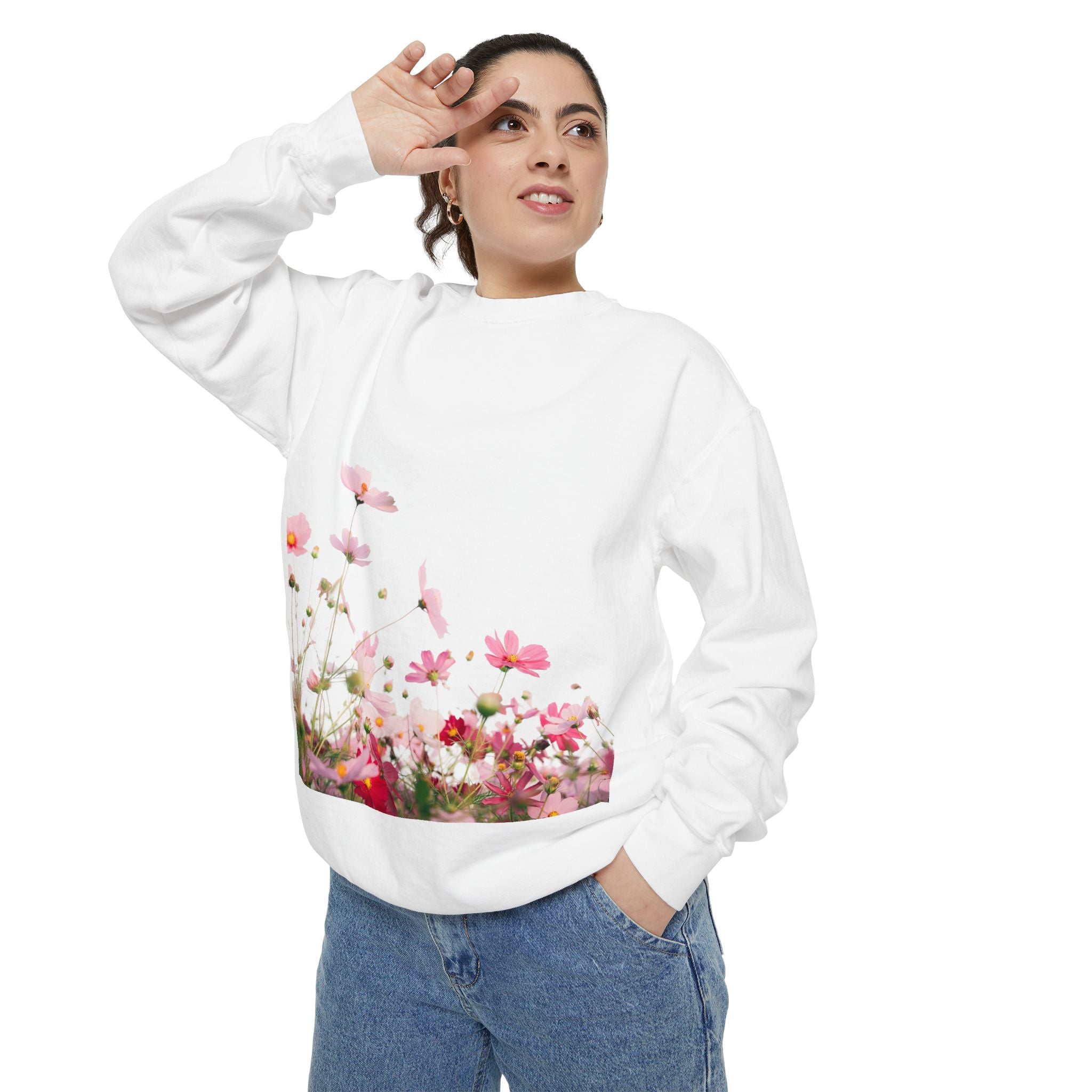 Floral Meadow Sweatshirt — Pink Cosmos Garden Crewneck