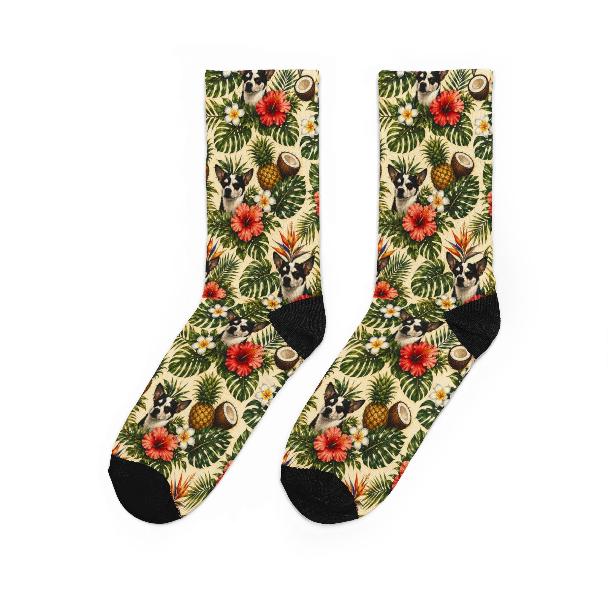 Tropical Chihuahua Crew Socks — Pineapple & Hibiscus Pattern