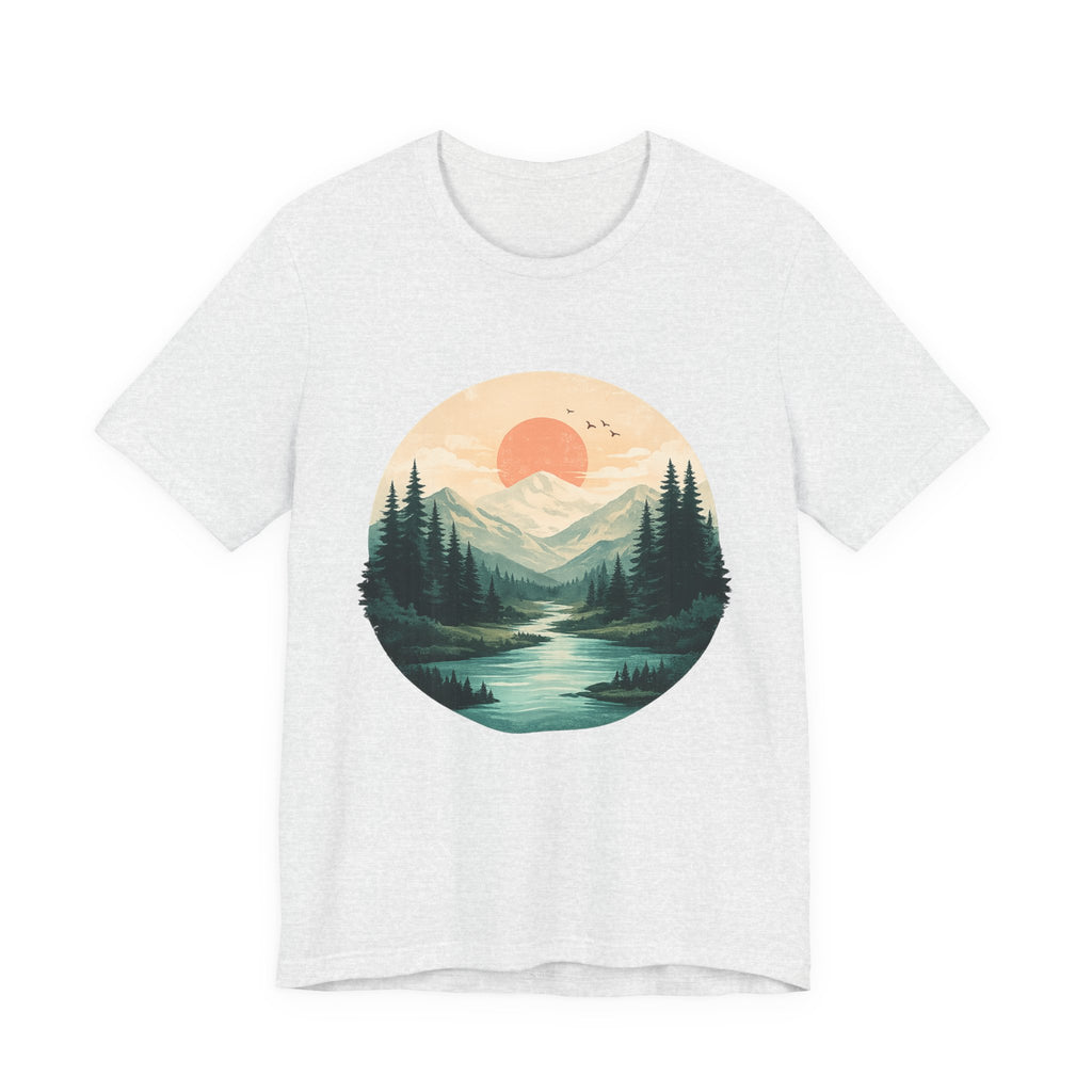 Sunset Mountain Landscape T-Shirt — Scenic Forest River Graphic Tee