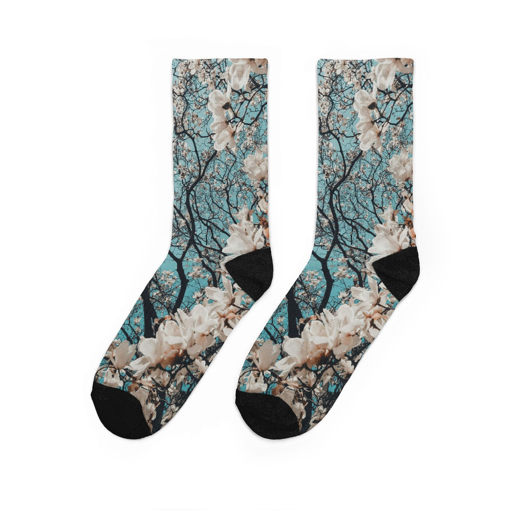 Floral Magnolia Crew Socks — Blue Blossom Patterned Comfort Socks
