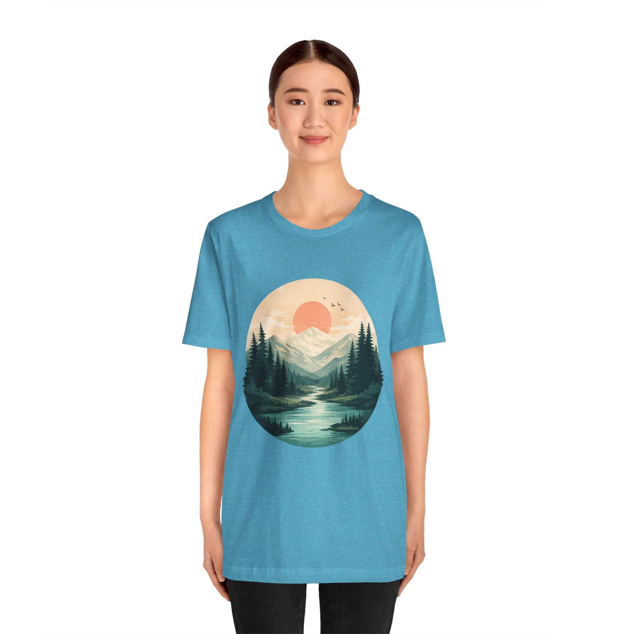 Sunset Mountain Landscape T-Shirt — Scenic Forest River Graphic Tee