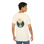 Nature Sunset Mountain Back Design T-Shirt — Scenic River & Pine Forest Graphic Tee