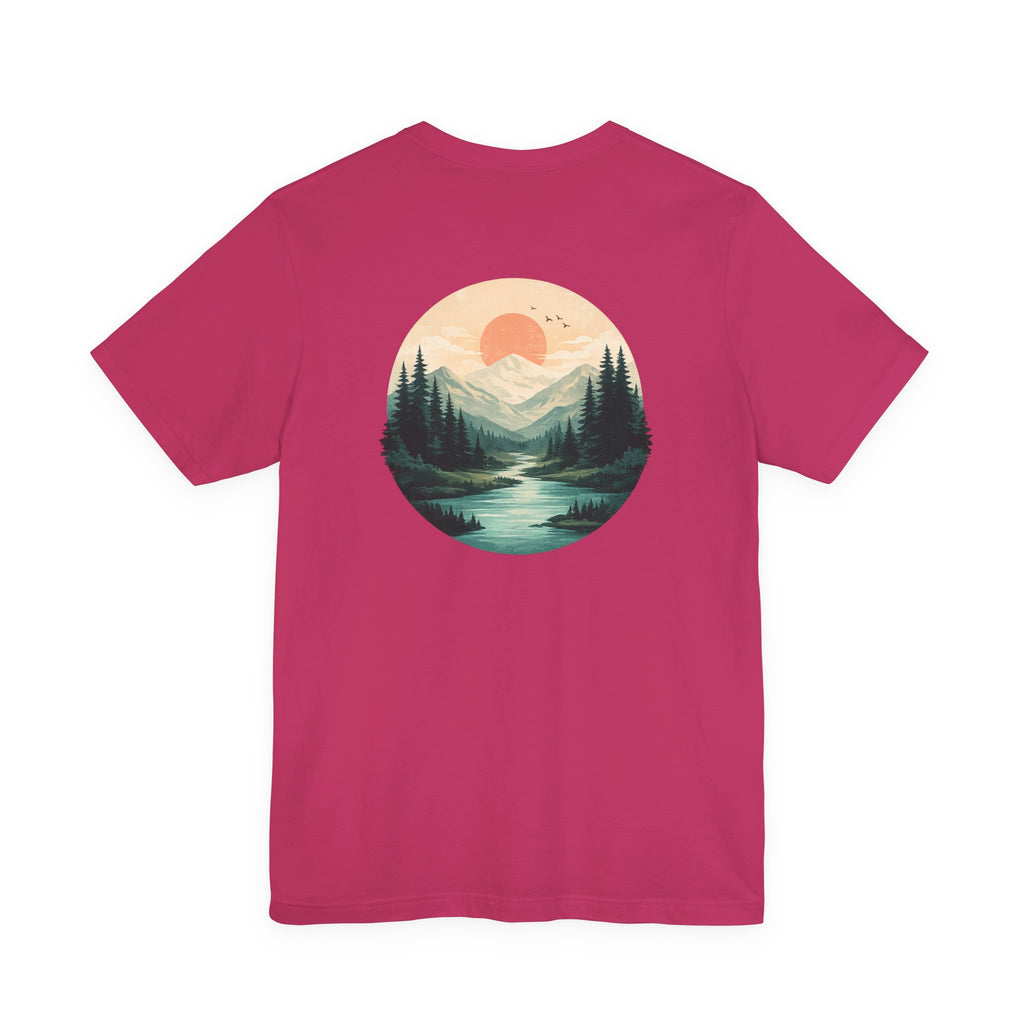 Nature Sunset Mountain Back Design T-Shirt — Scenic River & Pine Forest Graphic Tee
