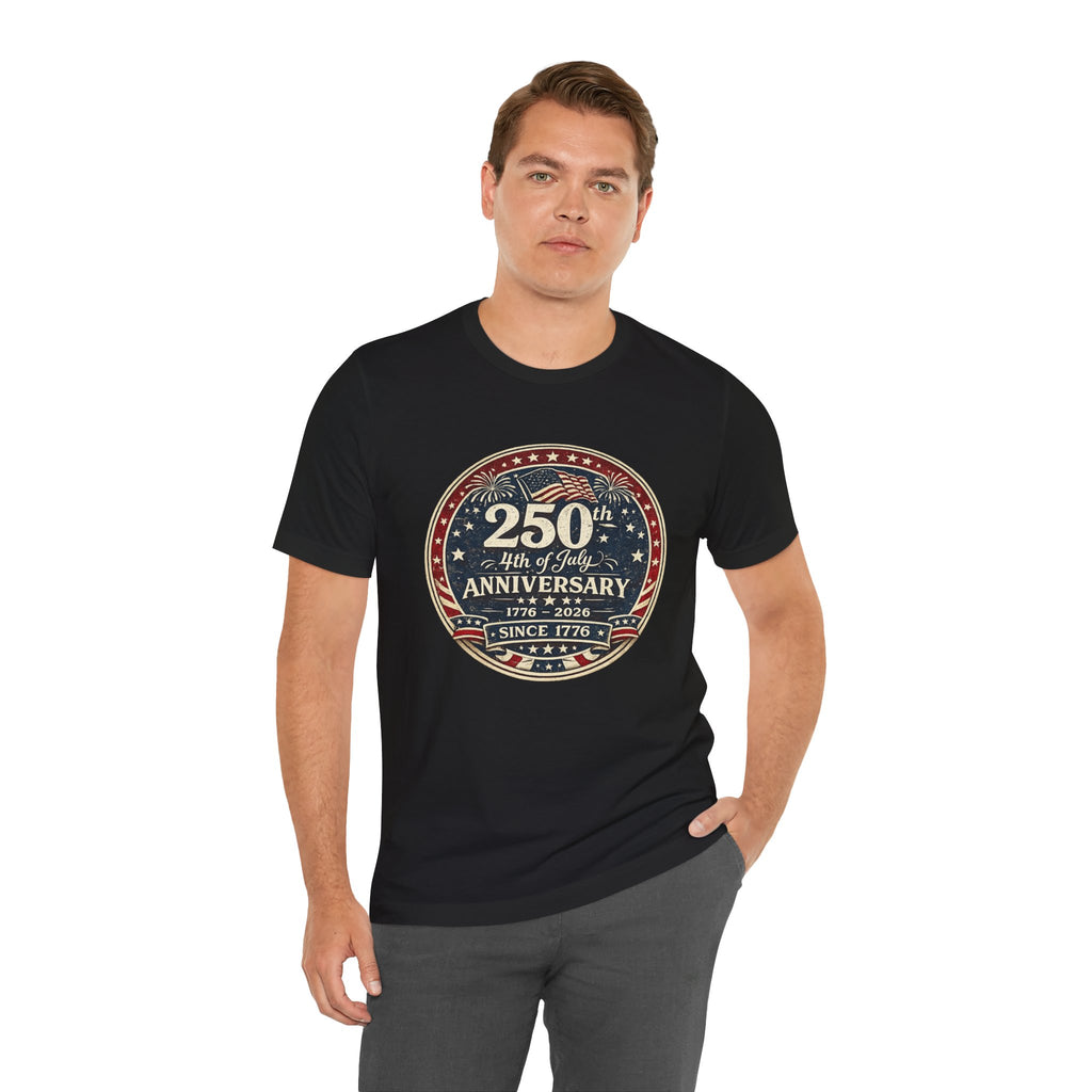 4th of July 250th Anniversary T-Shirt – Vintage American Flag Emblem (1776–2026)