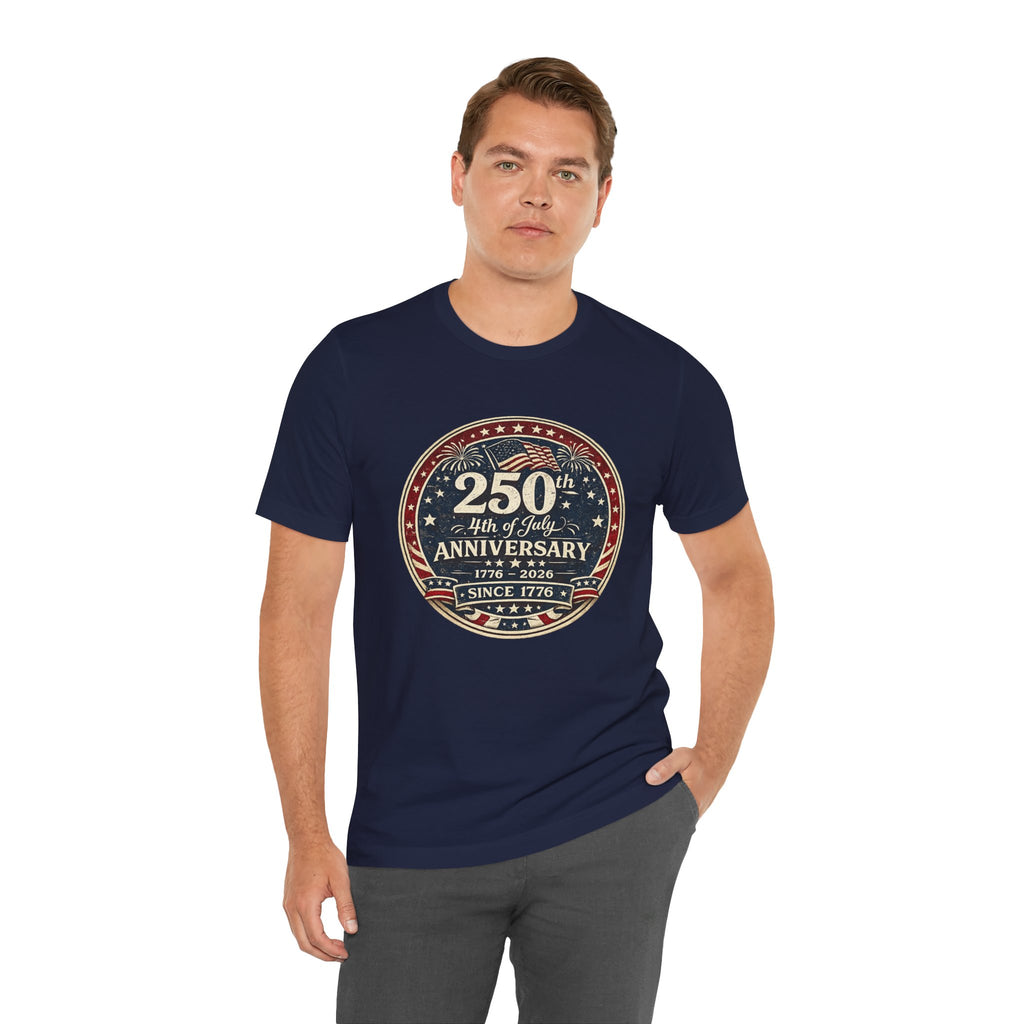 4th of July 250th Anniversary T-Shirt – Vintage American Flag Emblem (1776–2026)