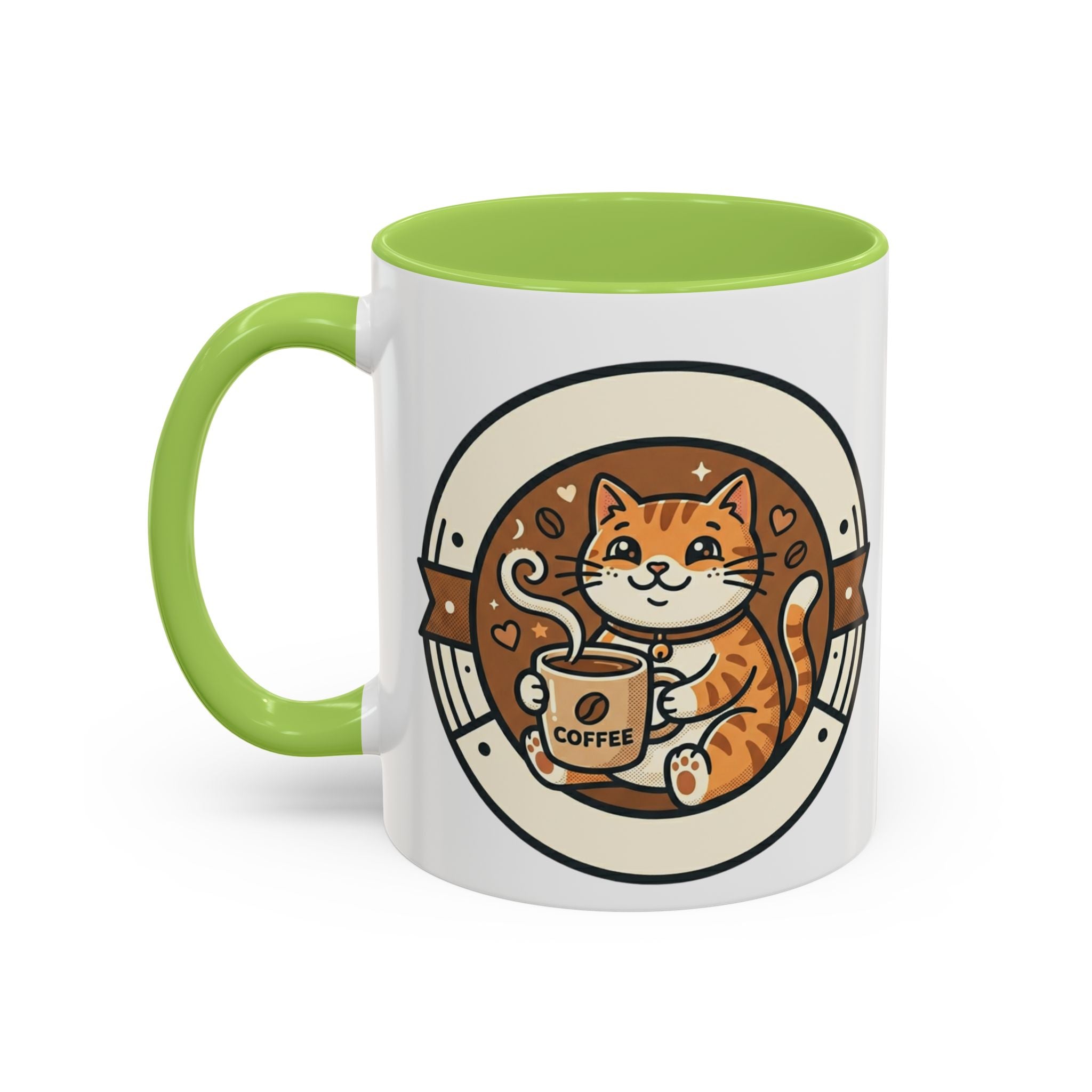 Cat Coffee Mug — Cute Orange Kitty Holding ‘Coffee’ Accent Ceramic Mug (11/15 oz)