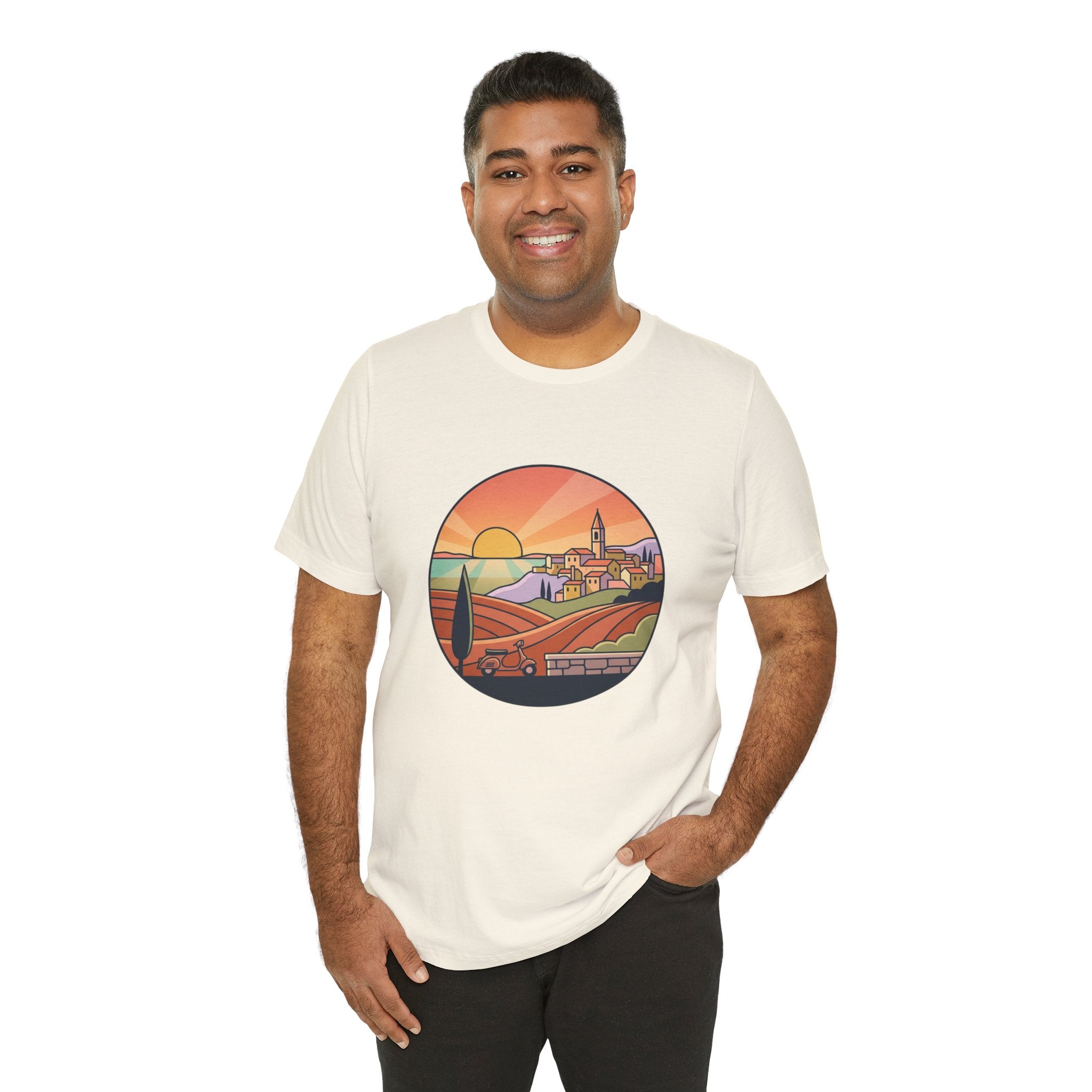 Sunset Tuscan Landscape T-Shirt — Vintage Italian Countryside Graphic Tee