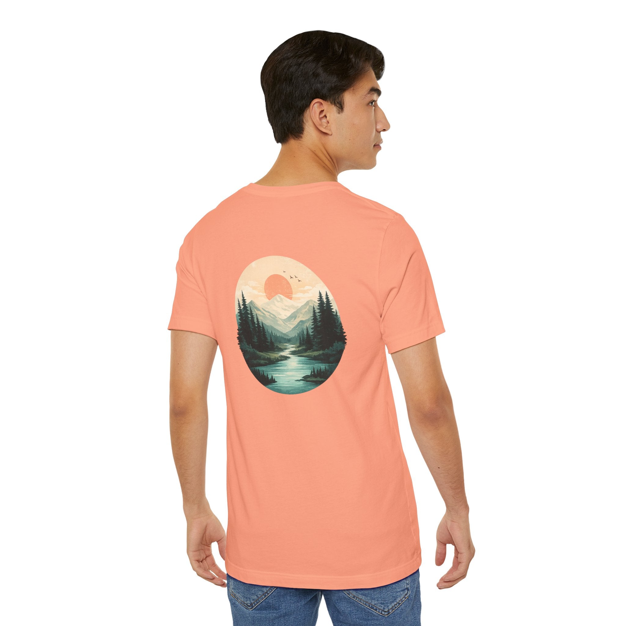Nature Sunset Mountain Back Design T-Shirt — Scenic River & Pine Forest Graphic Tee