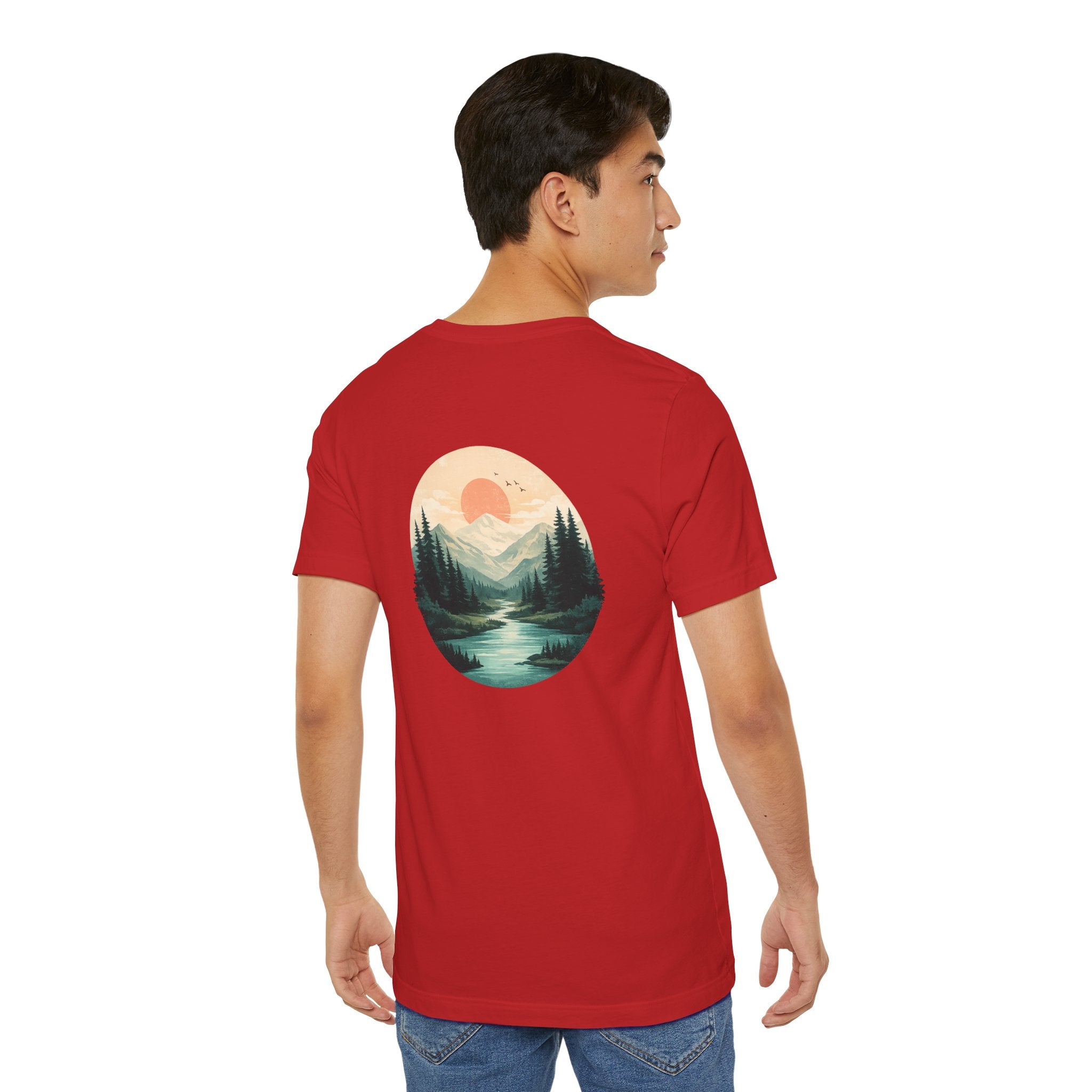 Nature Sunset Mountain Back Design T-Shirt — Scenic River & Pine Forest Graphic Tee