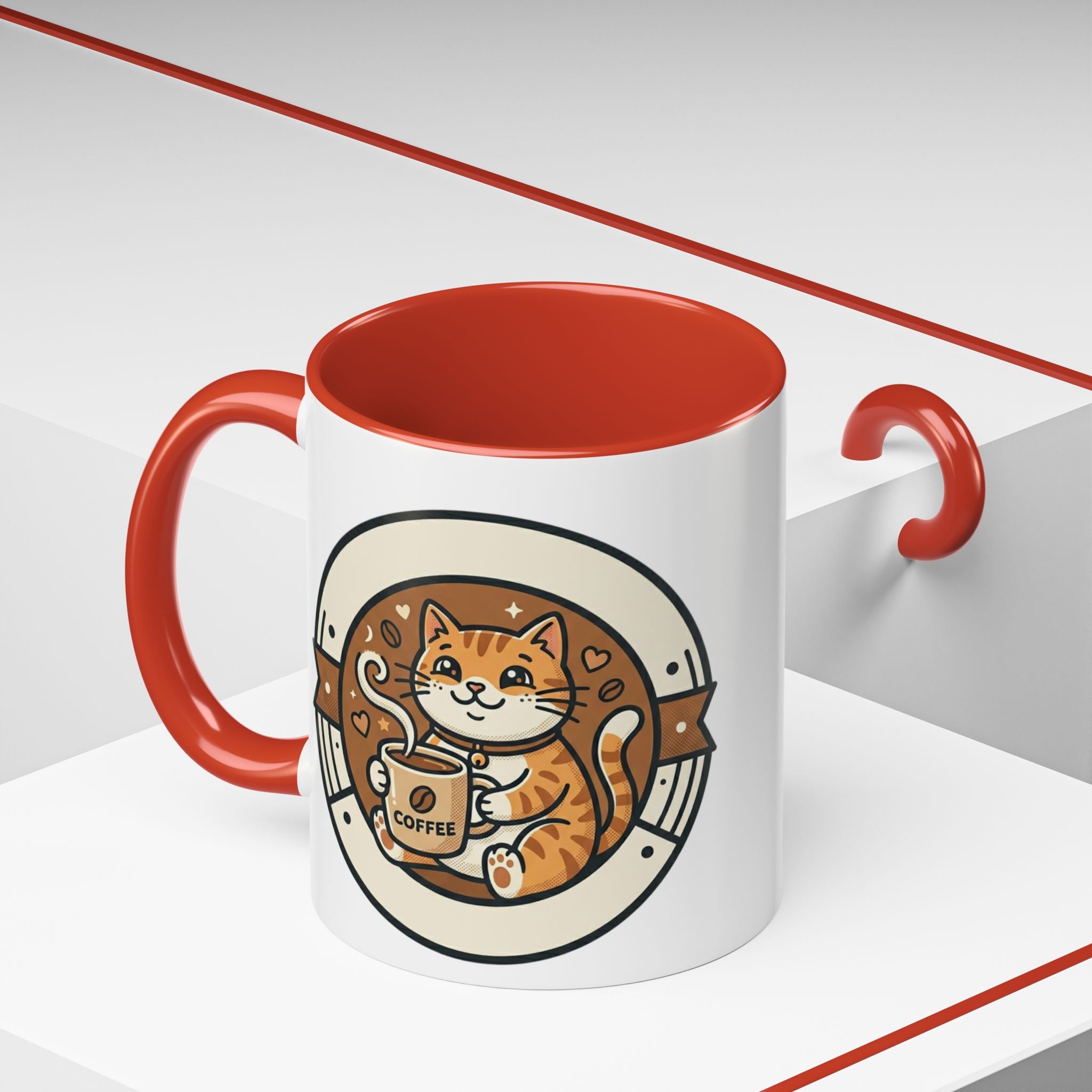 Cat Coffee Mug — Cute Orange Kitty Holding ‘Coffee’ Accent Ceramic Mug (11/15 oz)