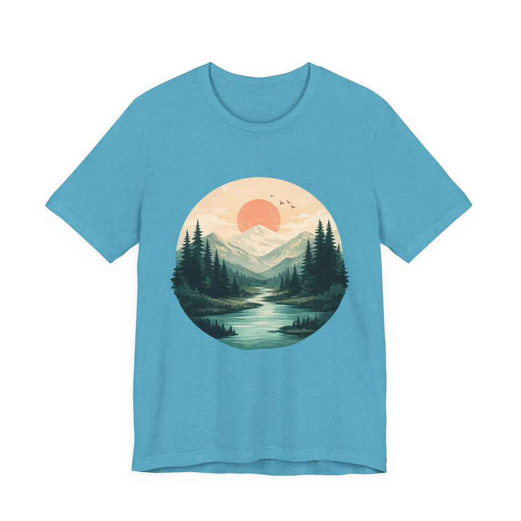 Sunset Mountain Landscape T-Shirt — Scenic Forest River Graphic Tee