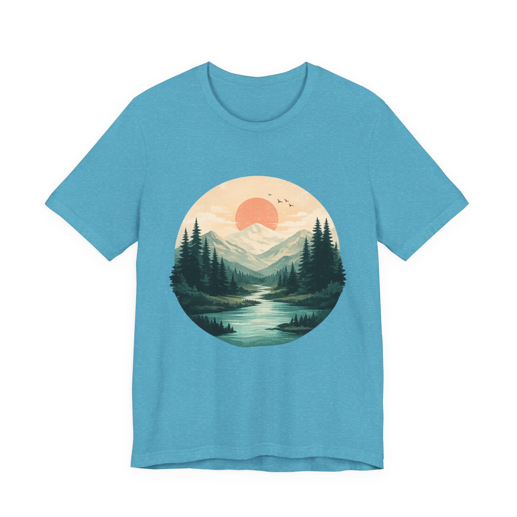 Sunset Mountain Landscape T-Shirt — Scenic Forest River Graphic Tee