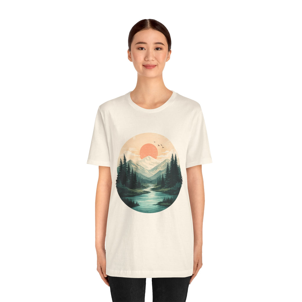 Sunset Mountain Landscape T-Shirt — Scenic Forest River Graphic Tee