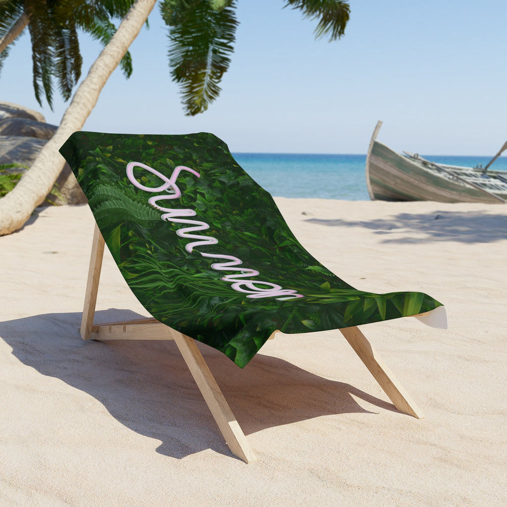 Summer Neon Script Beach Towel — Tropical Green Leaf Pool & Beach Towel