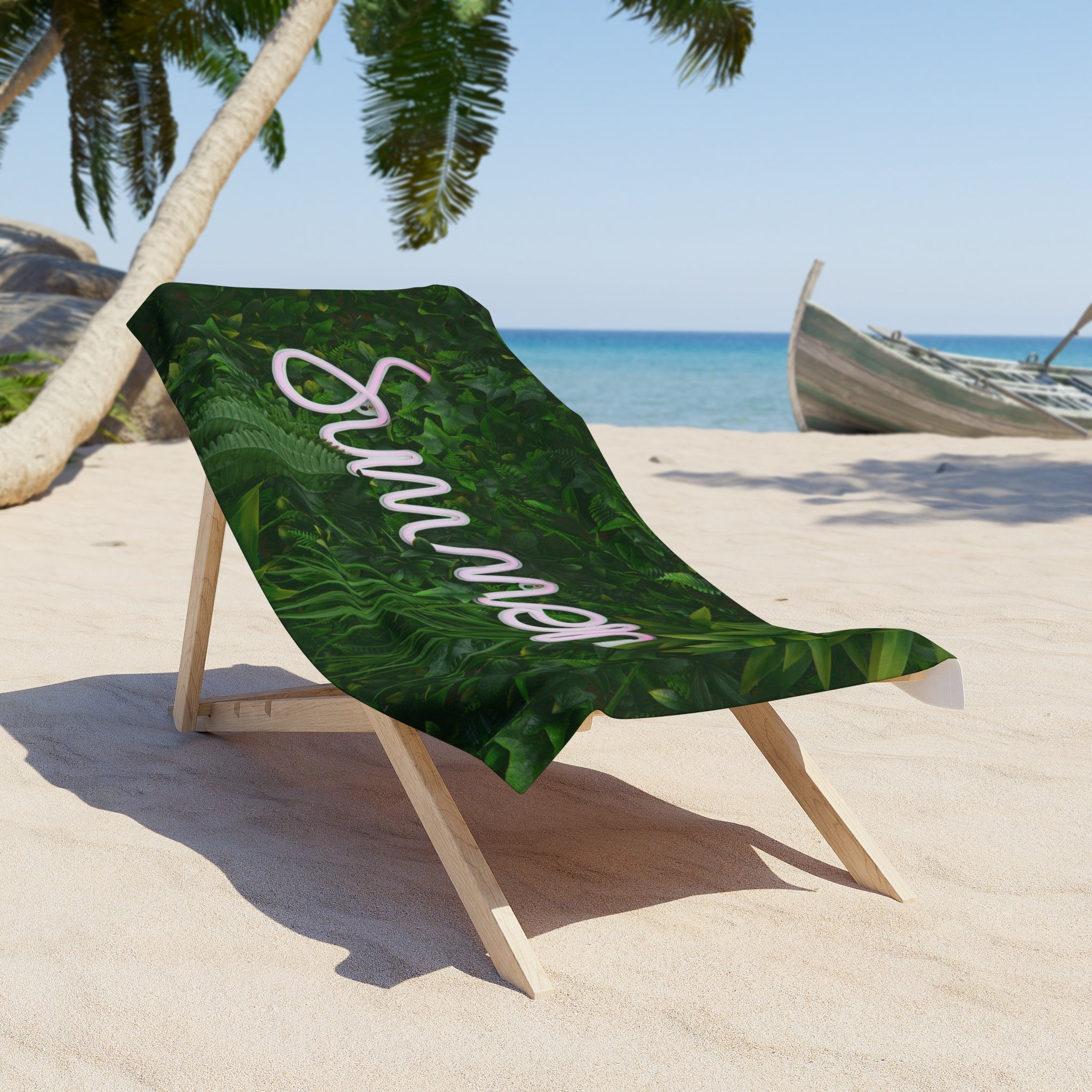 Summer Neon Script Beach Towel — Tropical Green Leaf Pool & Beach Towel