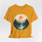 Sunset Mountain Landscape T-Shirt — Scenic Forest River Graphic Tee