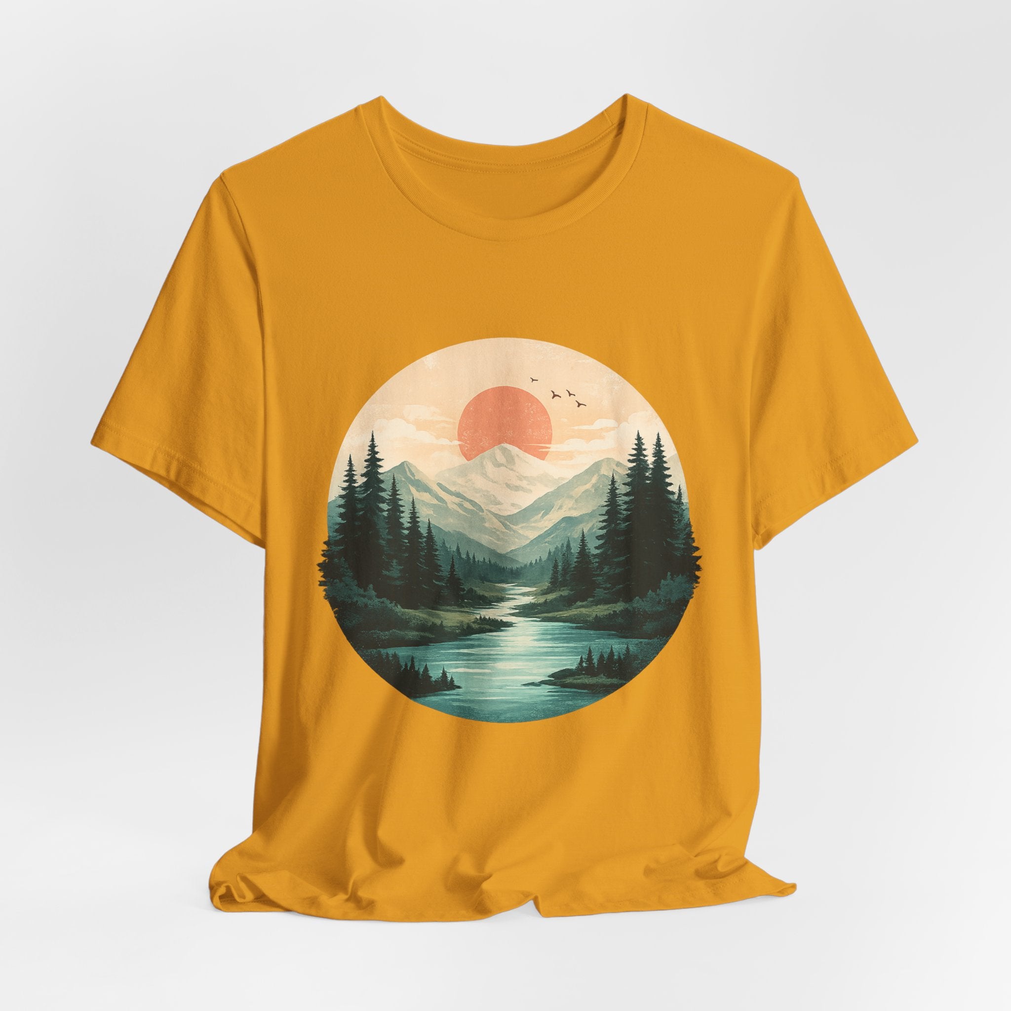 Sunset Mountain Landscape T-Shirt — Scenic Forest River Graphic Tee
