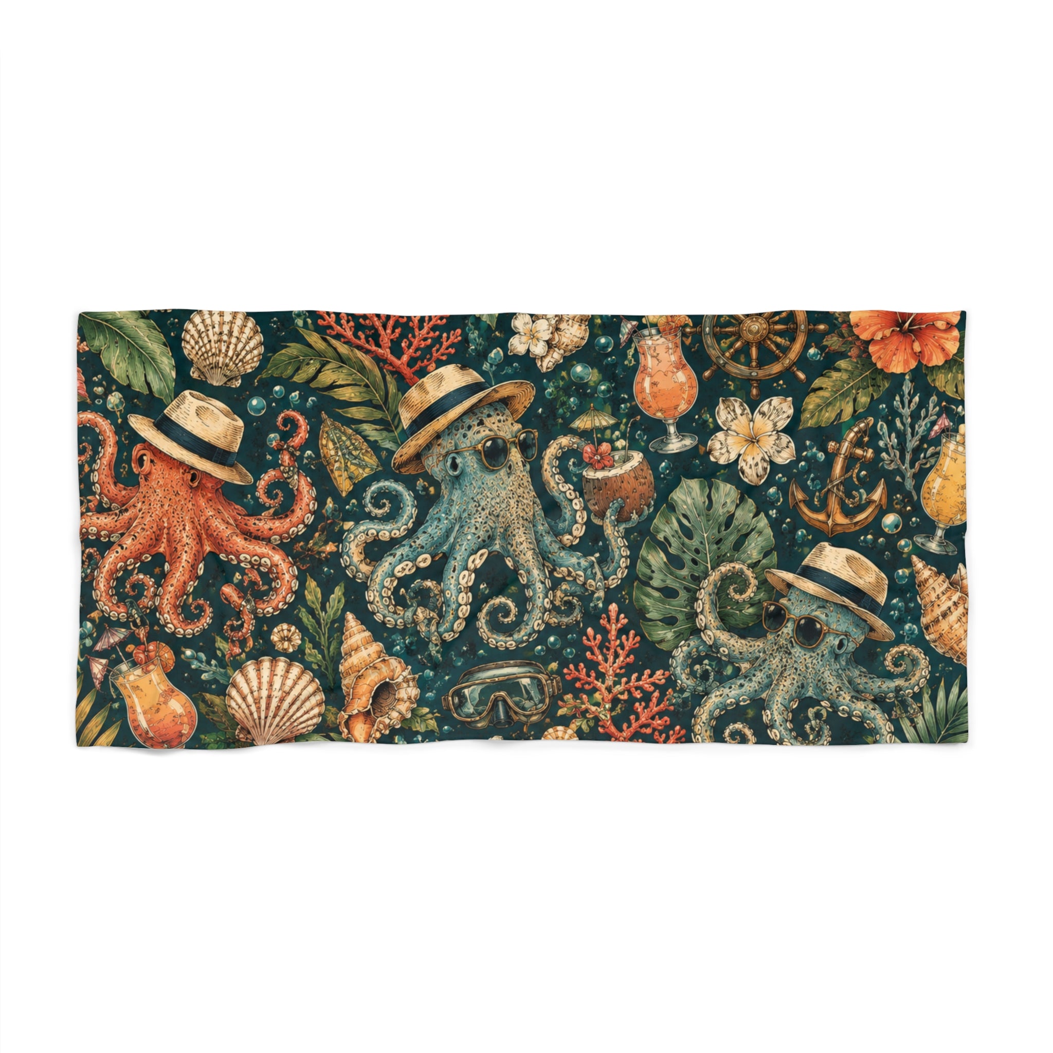 Vintage Octopus Beach Towel — Nautical Tropical Seashell Design