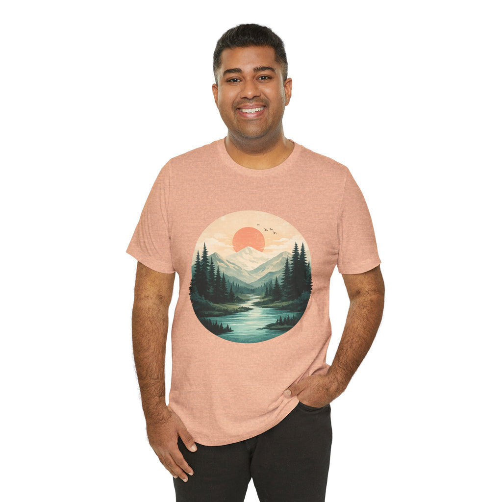 Sunset Mountain Landscape T-Shirt — Scenic Forest River Graphic Tee
