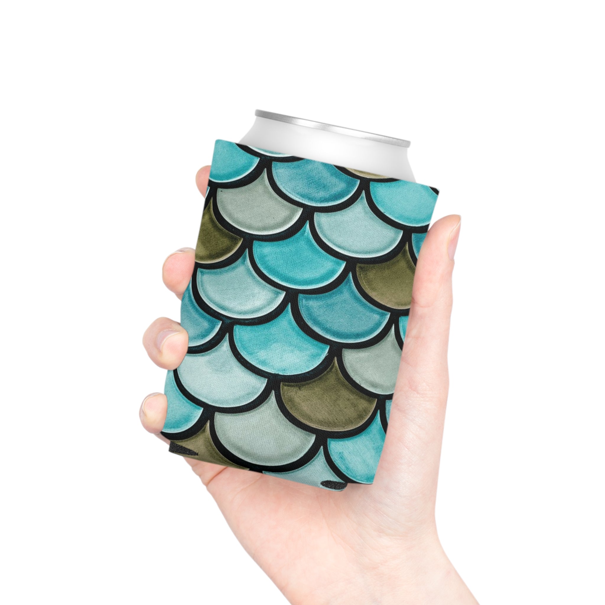 Mermaid Scale Can Cooler – Blue Teal Fish Scale Beverage Koozie