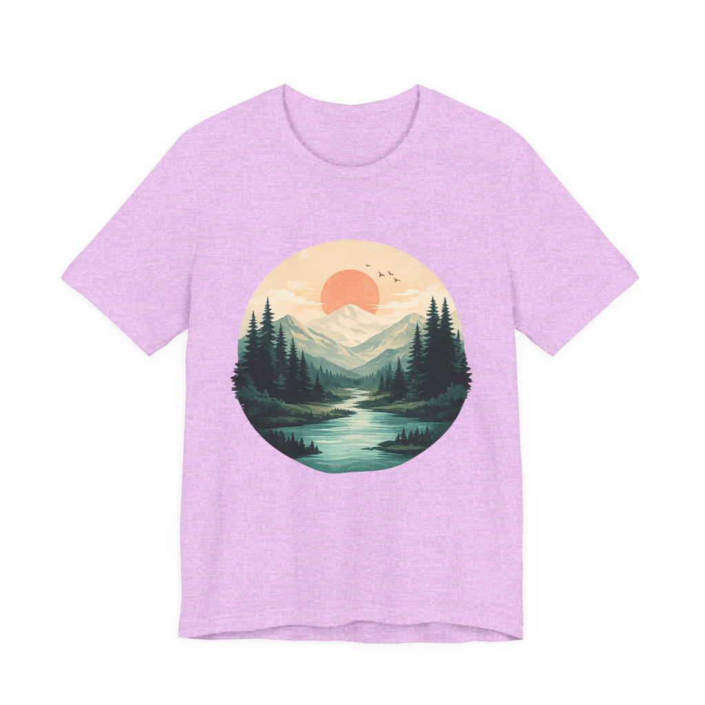 Sunset Mountain Landscape T-Shirt — Scenic Forest River Graphic Tee