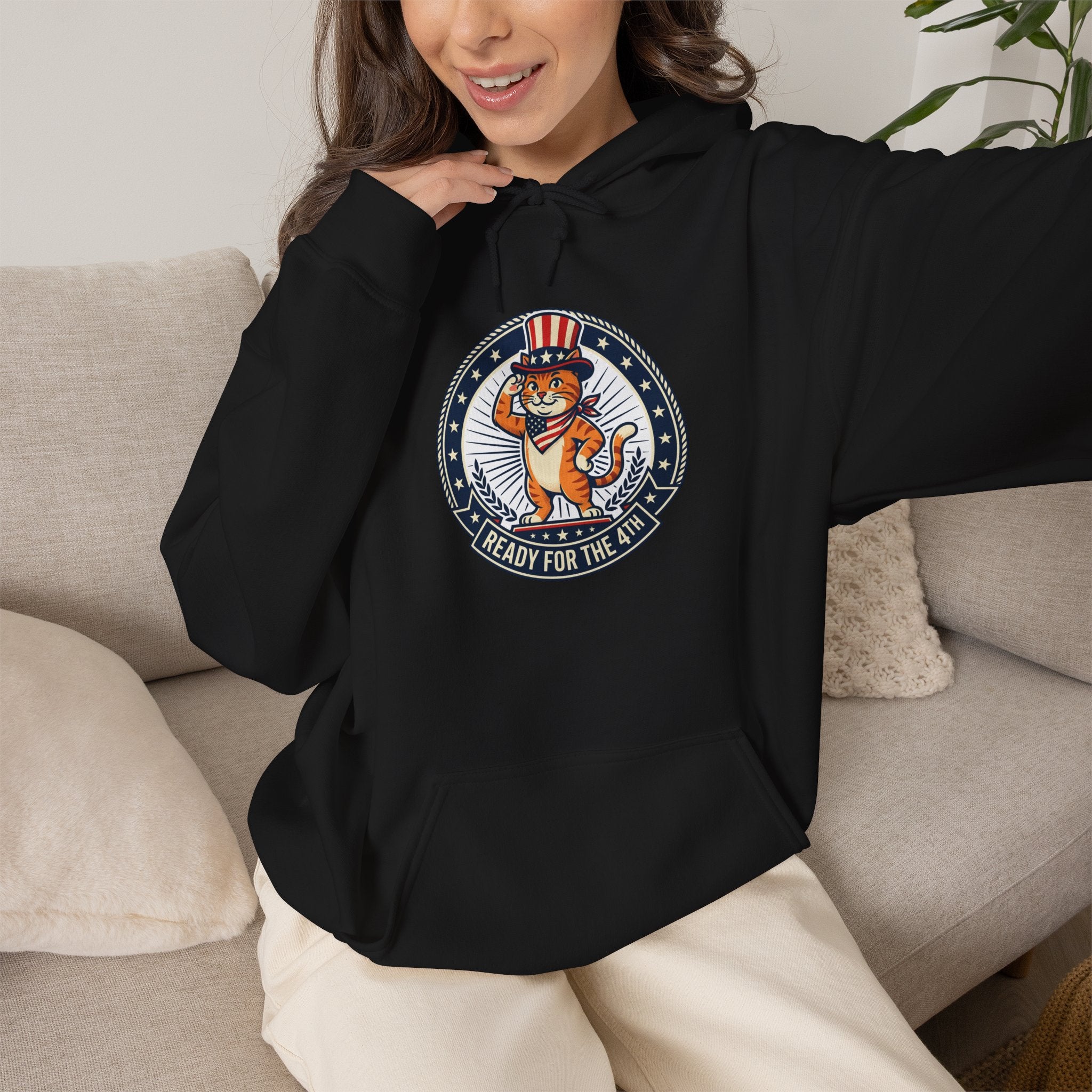 Patriotic Cat Hoodie — "Ready for the Stars" Graphic Pullover