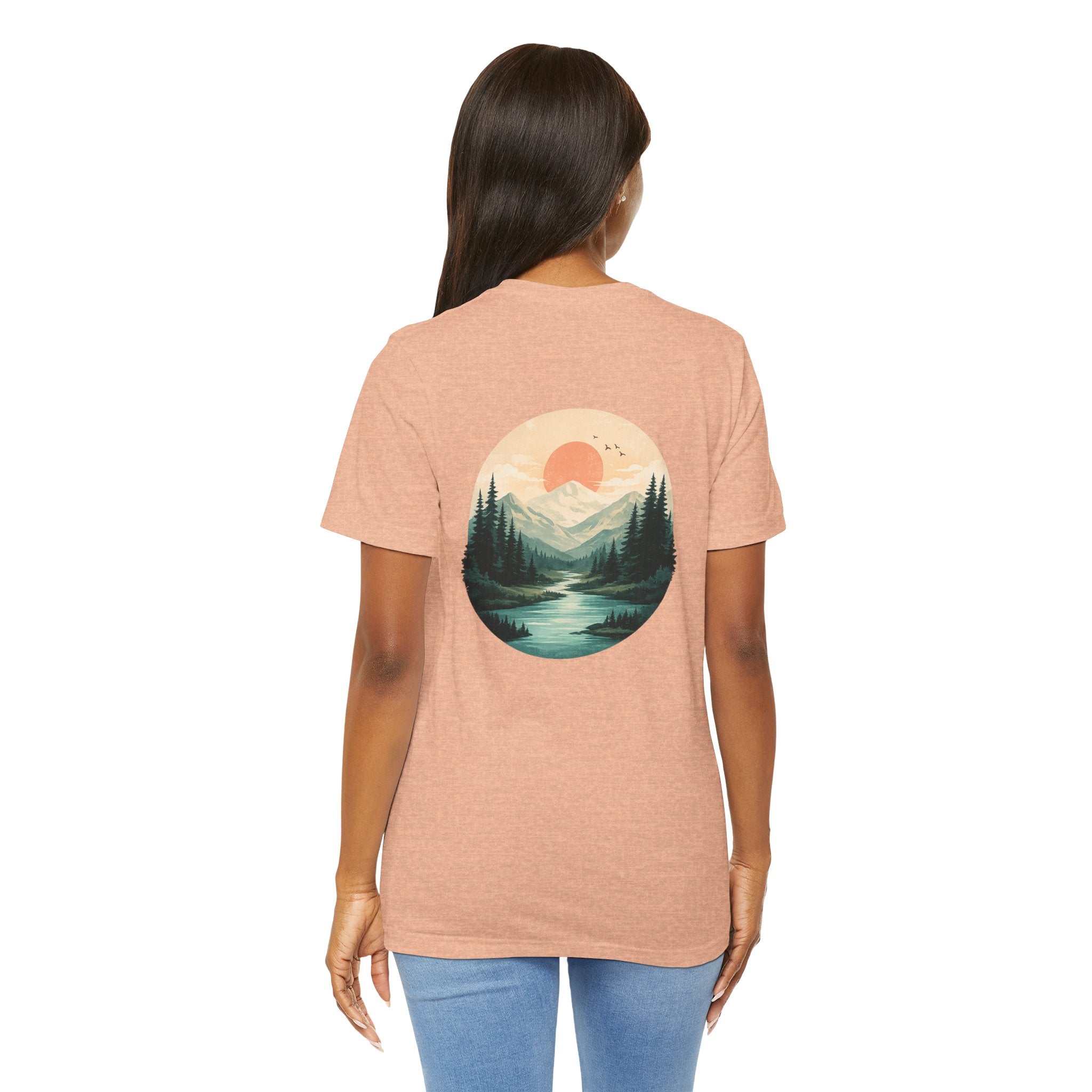 Nature Sunset Mountain Back Design T-Shirt — Scenic River & Pine Forest Graphic Tee