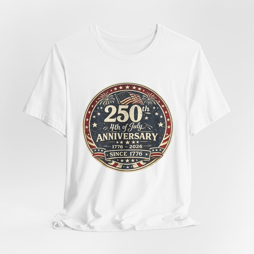 4th of July 250th Anniversary T-Shirt – Vintage American Flag Emblem (1776–2026)