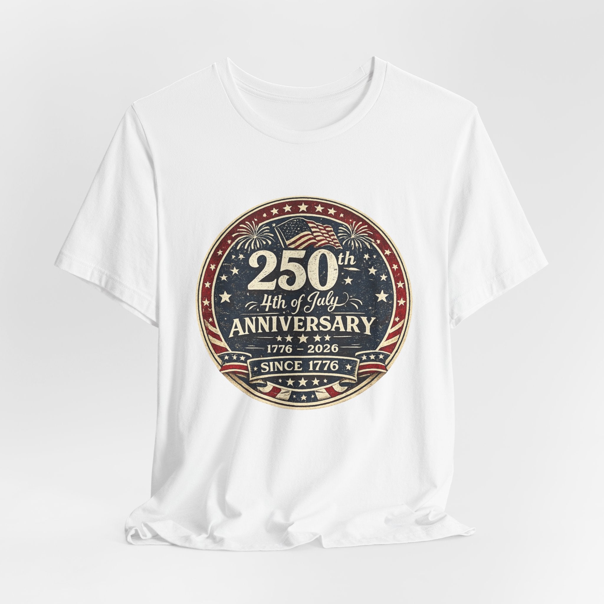 4th of July 250th Anniversary T-Shirt – Vintage American Flag Emblem (1776–2026)