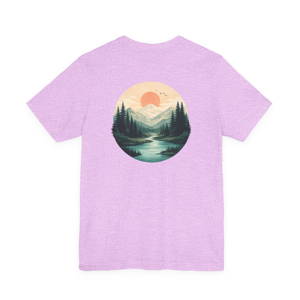 Nature Sunset Mountain Back Design T-Shirt — Scenic River & Pine Forest Graphic Tee
