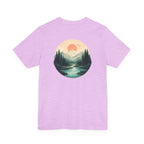 Nature Sunset Mountain Back Design T-Shirt — Scenic River & Pine Forest Graphic Tee