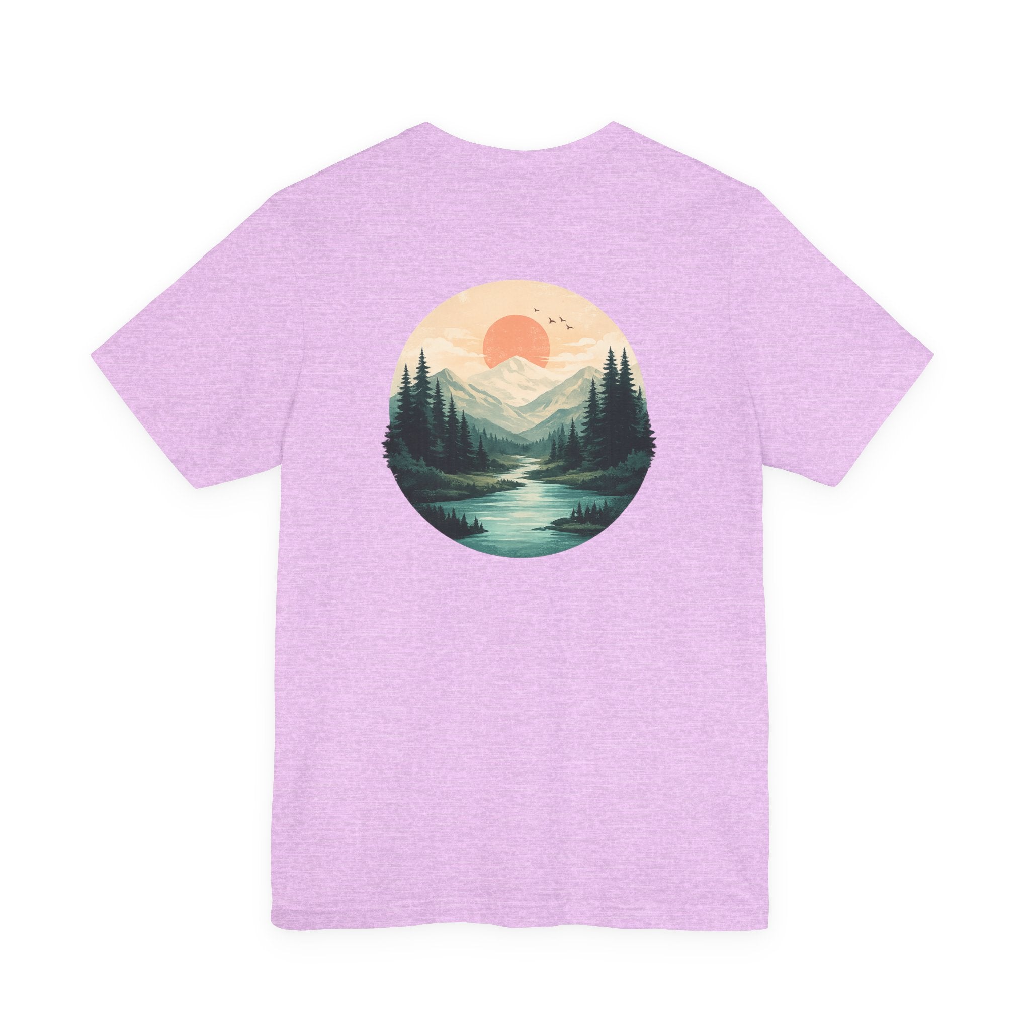 Nature Sunset Mountain Back Design T-Shirt — Scenic River & Pine Forest Graphic Tee