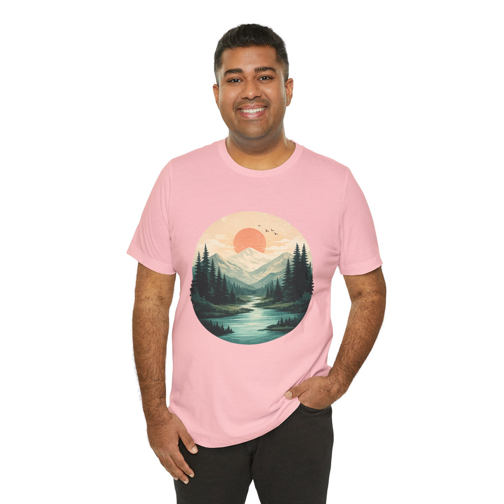 Sunset Mountain Landscape T-Shirt — Scenic Forest River Graphic Tee
