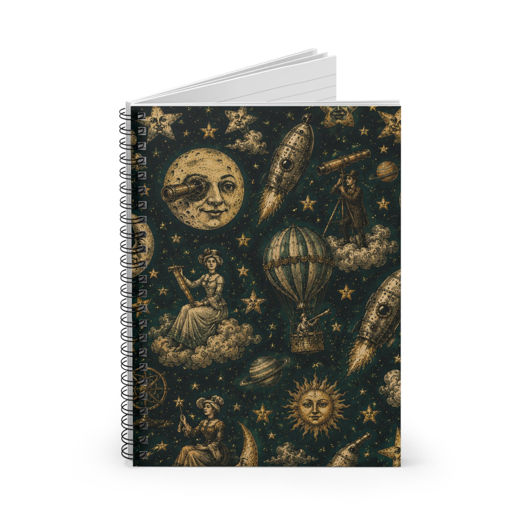 Charles Mèliés Vibe Spiral Notebook — Moon, Sun & Victorian Space Pattern (Ruled)