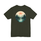 Nature Sunset Mountain Back Design T-Shirt — Scenic River & Pine Forest Graphic Tee