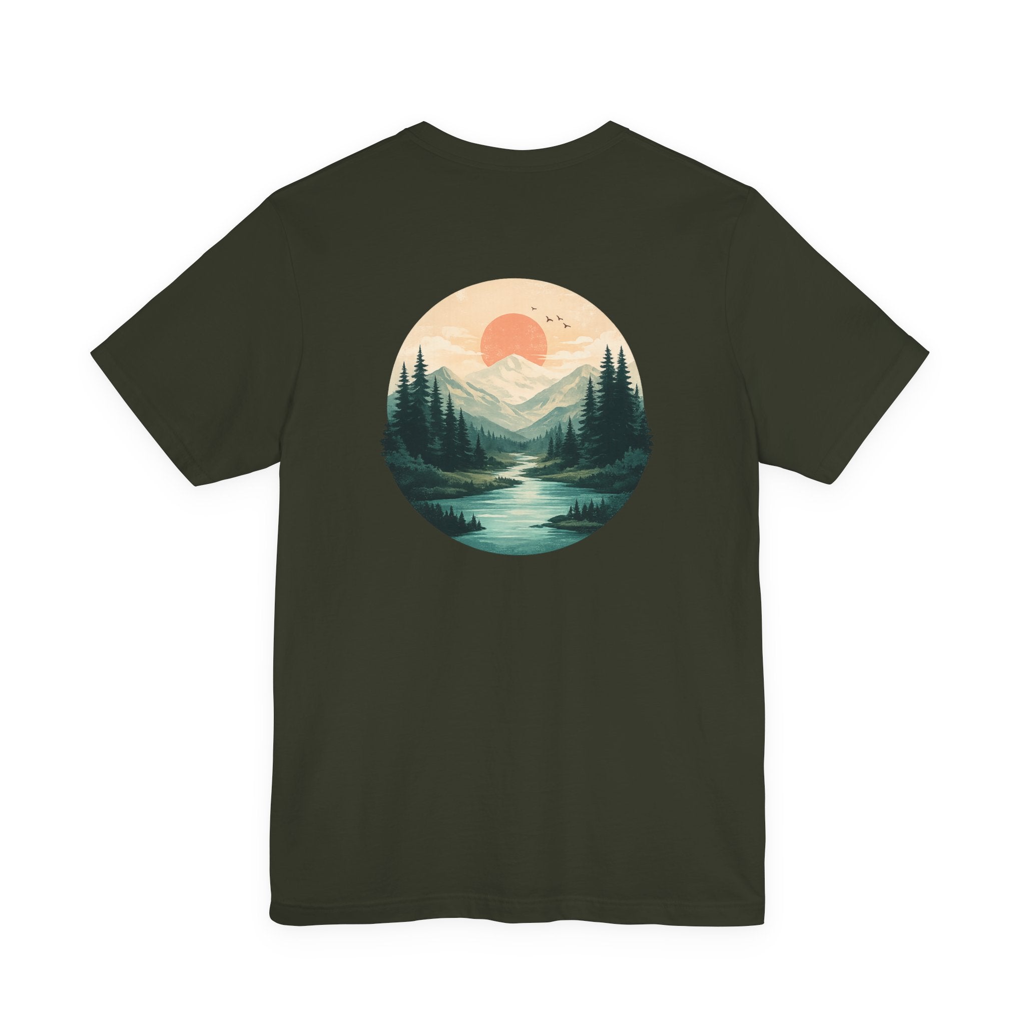 Nature Sunset Mountain Back Design T-Shirt — Scenic River & Pine Forest Graphic Tee