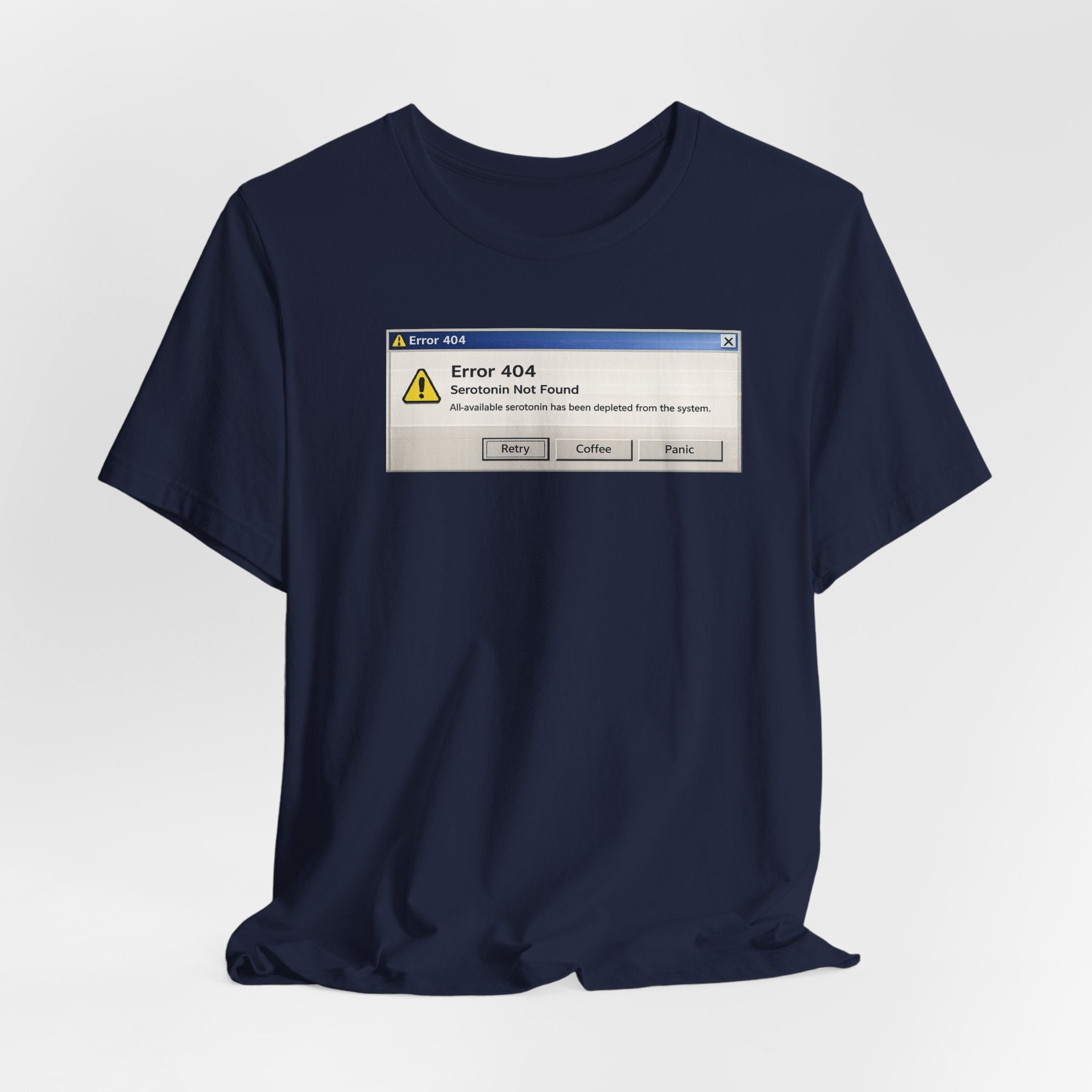 Error 404 'Serotonin not found' T‑Shirt — Retro Computer Alert Graphic Tee