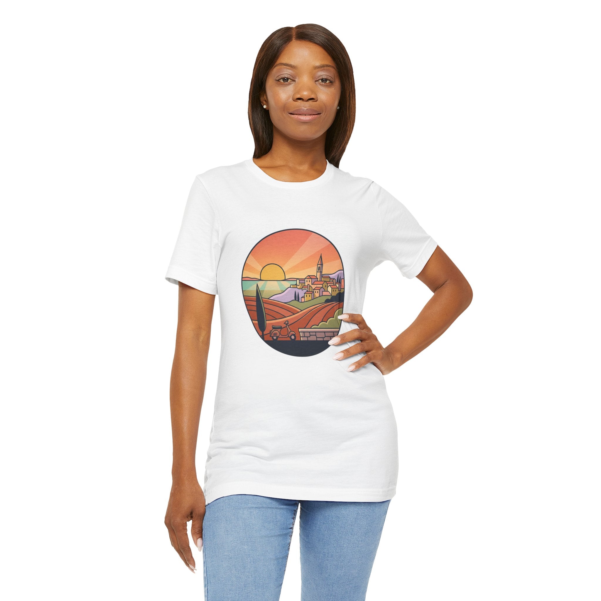 Sunset Tuscan Landscape T-Shirt — Vintage Italian Countryside Graphic Tee