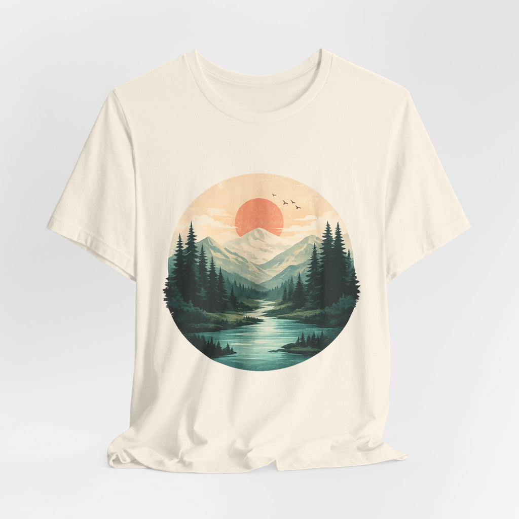 Sunset Mountain Landscape T-Shirt — Scenic Forest River Graphic Tee