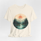 Sunset Mountain Landscape T-Shirt — Scenic Forest River Graphic Tee