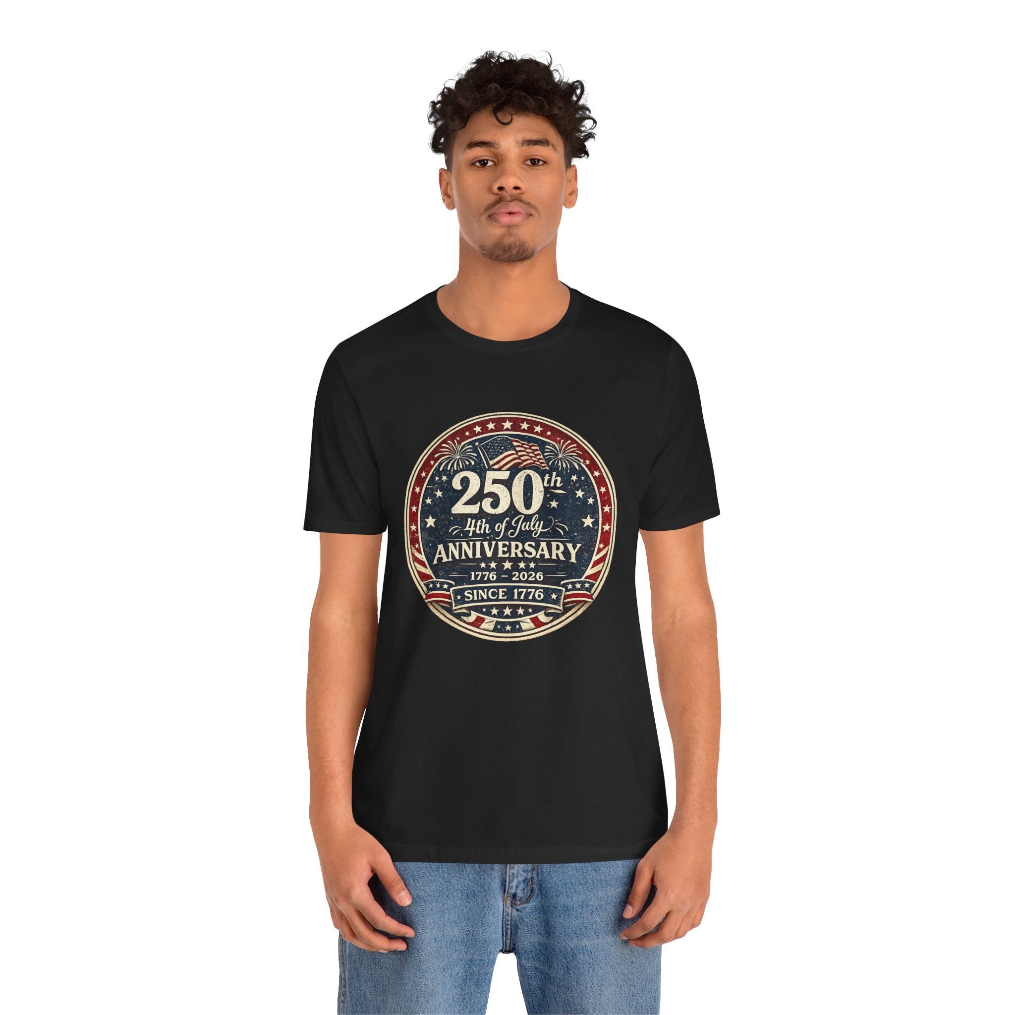 4th of July 250th Anniversary T-Shirt – Vintage American Flag Emblem (1776–2026)
