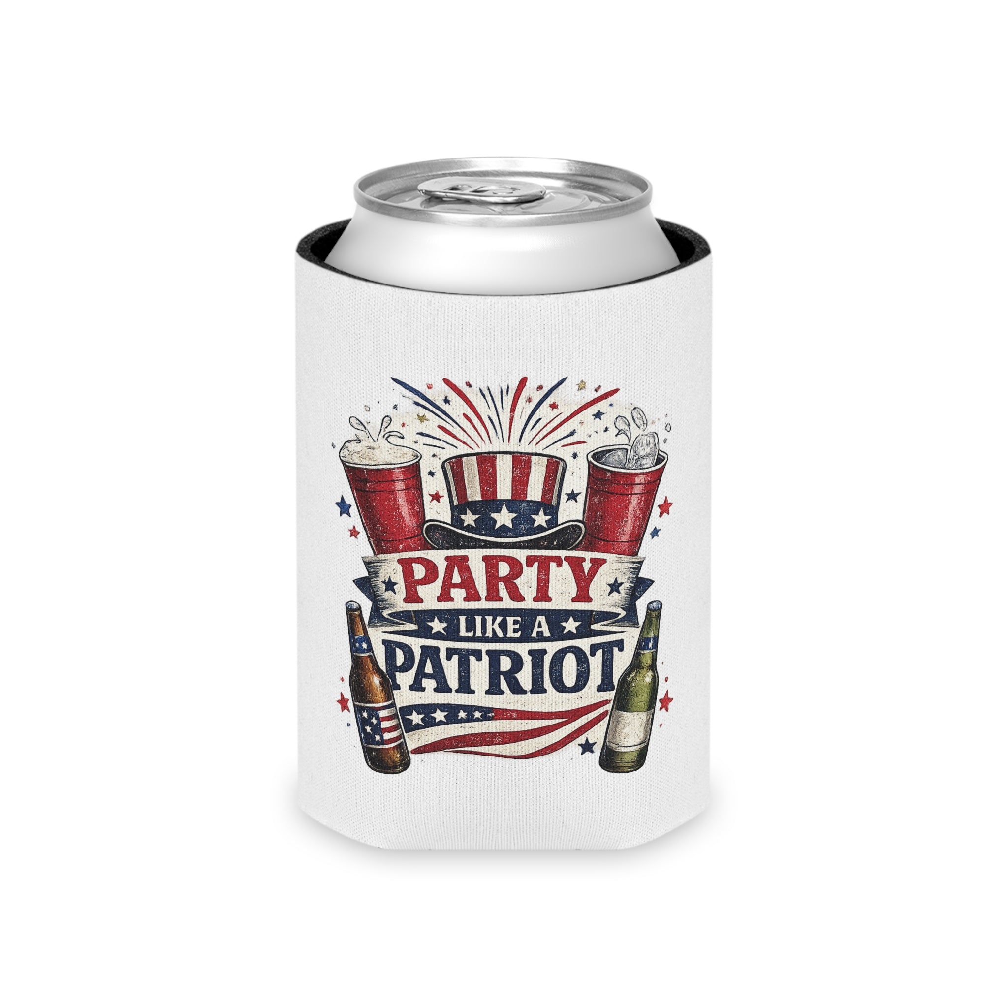 Party Like a Patriot Can Cooler — 4th of July Patriotic Beer Koozie
